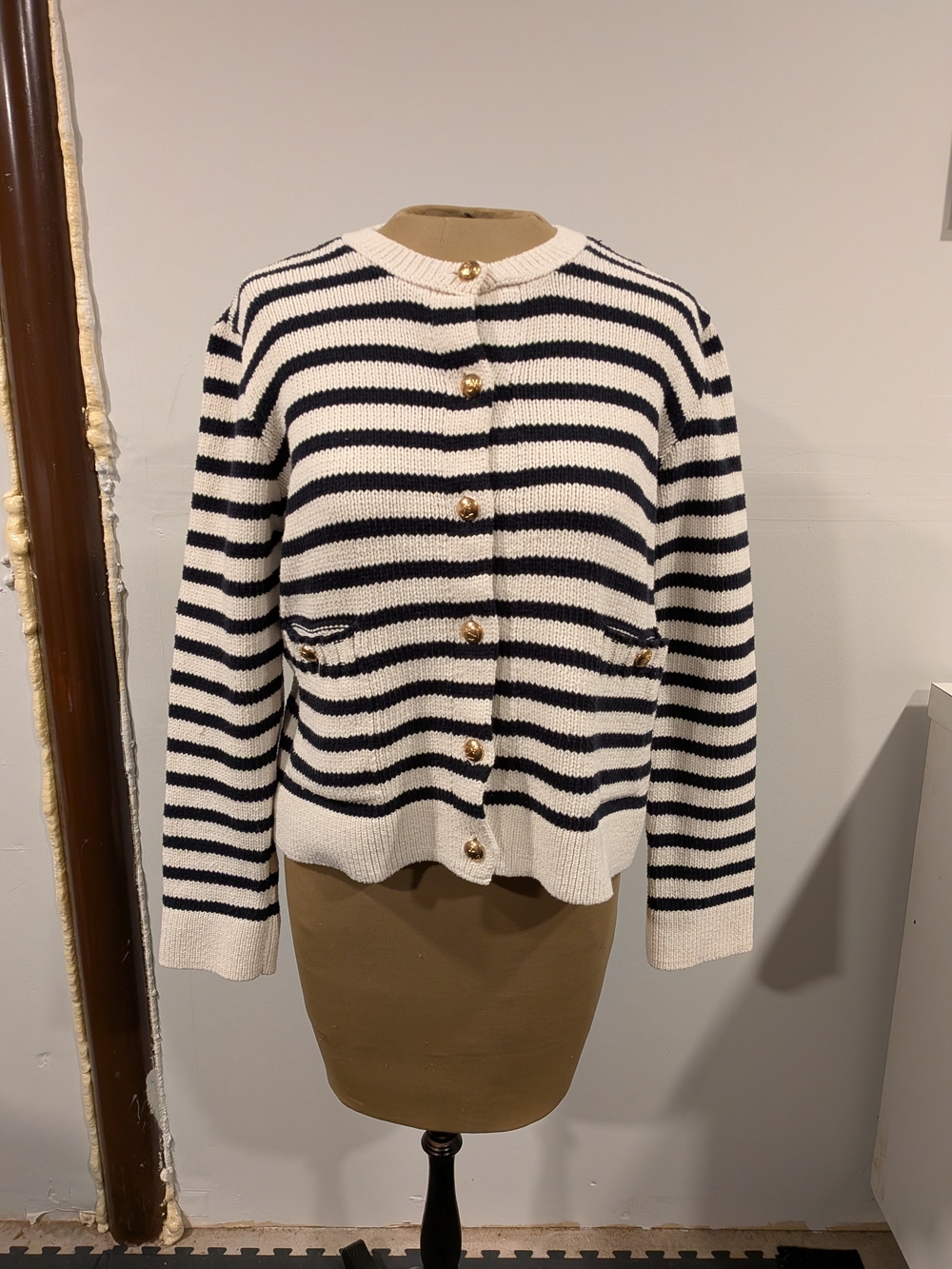 Zara Striped Crewneck Sweater Cardigan - Cream & Navy